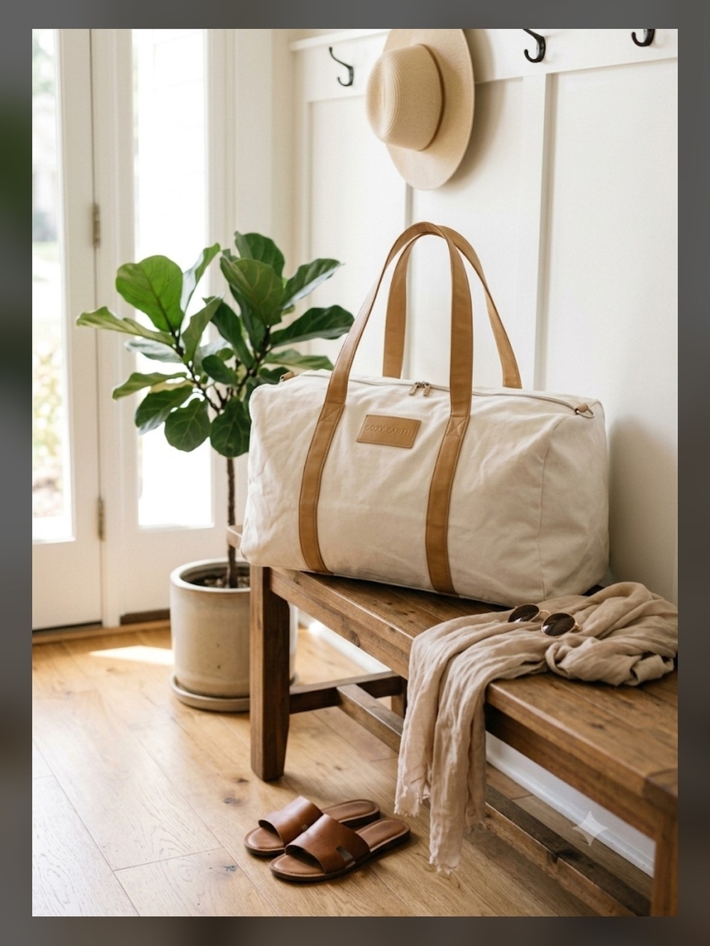 Cozy Earth Cotton Canvas Duffel in Cream with Tan Trim